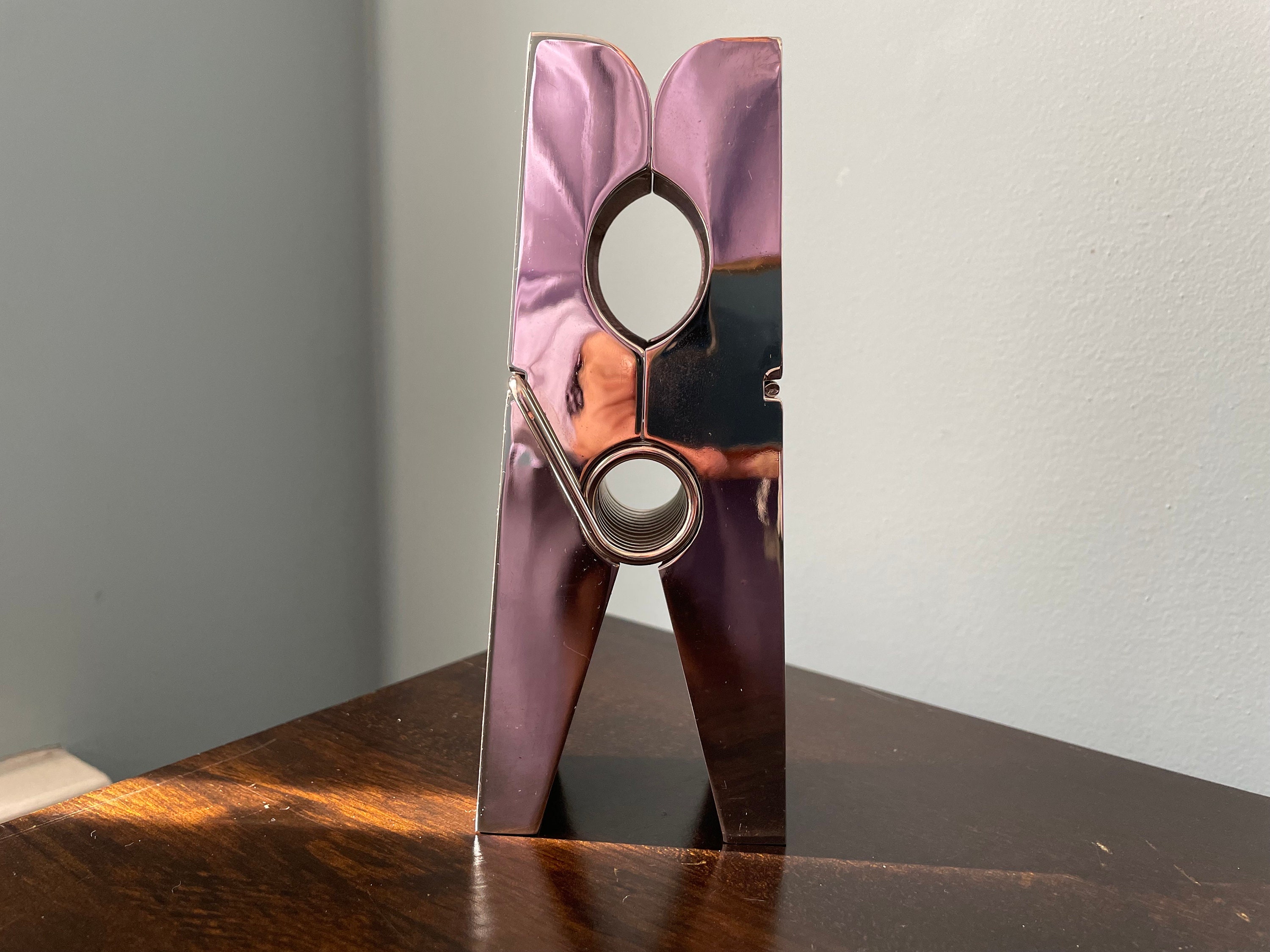 Vintage Chrome Clothes Pin Paperweight Desk Accessory Pop Art