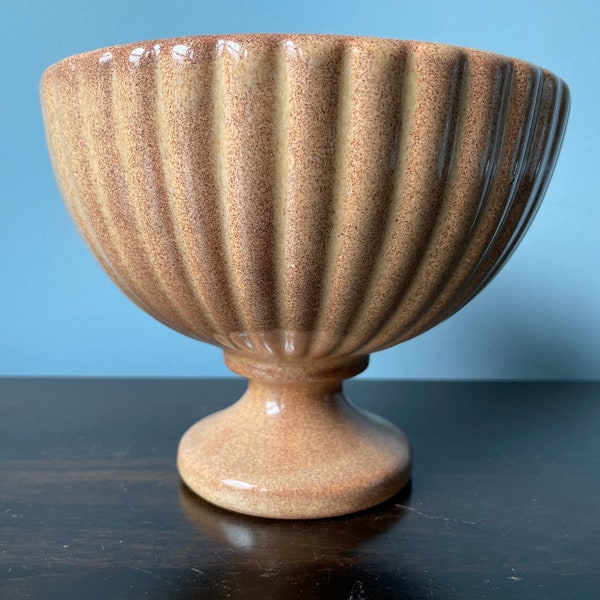 Vintage Haeger Pottery Planter Vase Round Ribbed Footed Pedestal Brown Fleck Haeger 3976