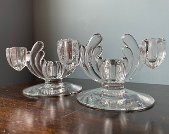 Vintage Heisey Glass Crystolite Candlestick Holder Candelabra Taper 3-Light Pair