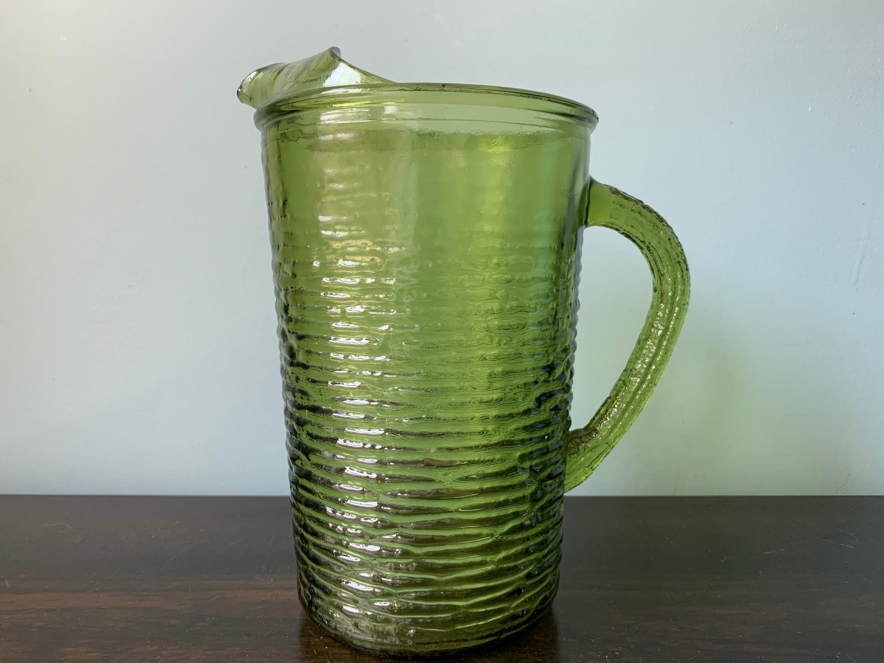 Vintage Anchor Hocking Soreno green glass bark pitcher