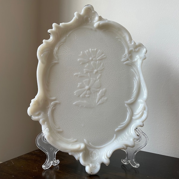 EAPG Dithridge Opaline Dresser Tray Vintage Milk Glass Milkglass Antique Embossed Scalloped Scroll Aster Floral Victorian