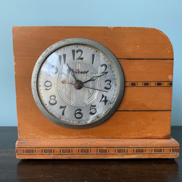 Vintage Art Deco Clock Wood Block Inlaid Mantle Electric