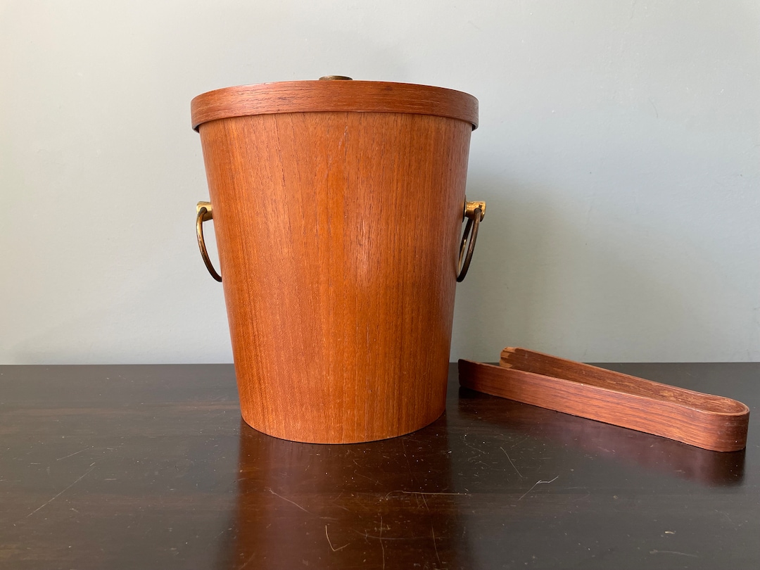 Vintage Ice Bucket Mid Century Ice Bucket Wood Veneer Brass Rings Ice