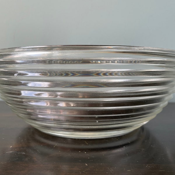 Anchor Hocking Manhattan Bowl Salad Bowl Serving Bowl Winged Handles Horizontal Ribbed Ringed Banded Clear Glass Vintage Large Bowl 9”