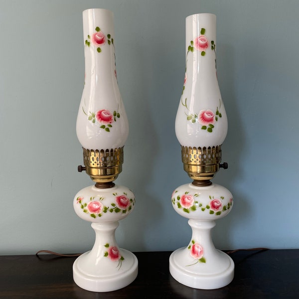 Vintage Milk Glass Lamp Hand Painted Pink Rose Shade Boudoir Pair