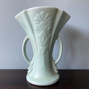 Vintage Brush Pottery Vase Fan Vase Handles Embossed Flower Aqua