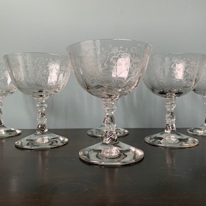 Vintage Fostoria Meadow Rose Sherbet Stemmed Etched Optic Paneled Floral Elegant Glass Set of 6