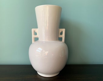 Vintage Pottery Ceramic Vase Square Handles Tab White Pale Purple Gloss Glaze Large