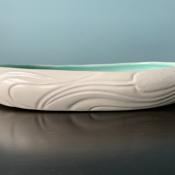 Vintage Pottery Bulb Planter Cattail Motif Bonsai Ikebana Low Console Centerpiece Dish Bowl Oval Shallow Ceramic