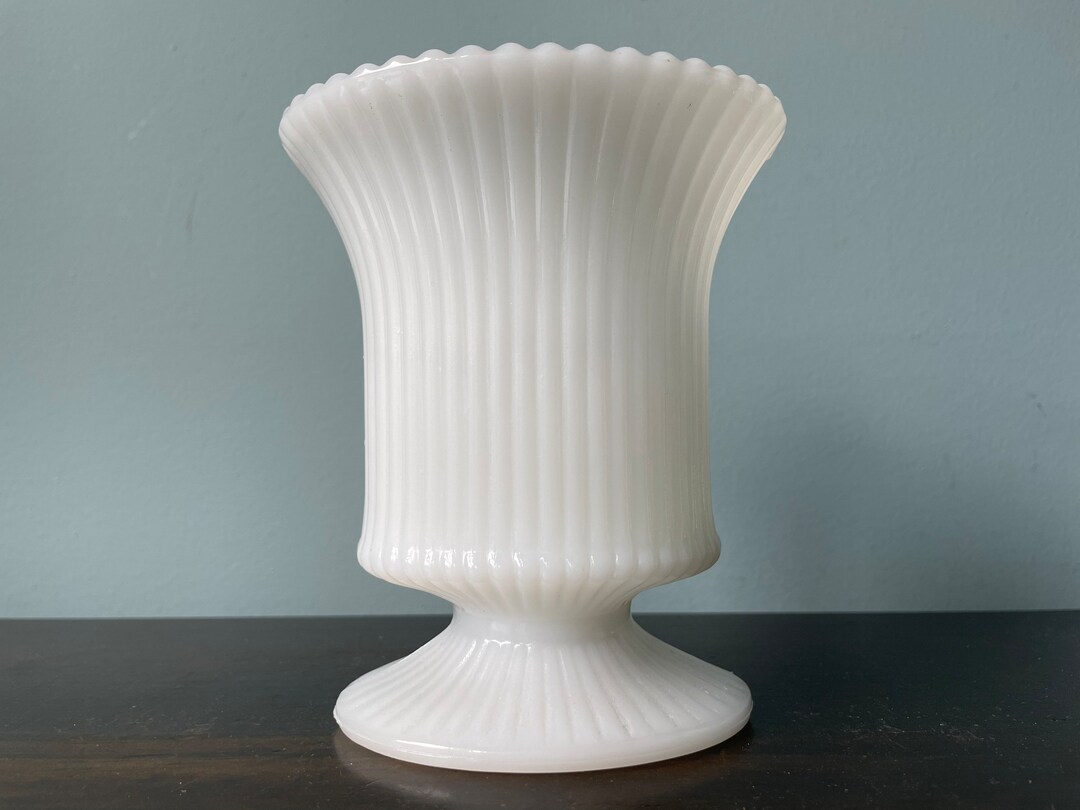 Vintage E. O. Brody White Milk Glass Footed Vase Ribbed Oval Etsy