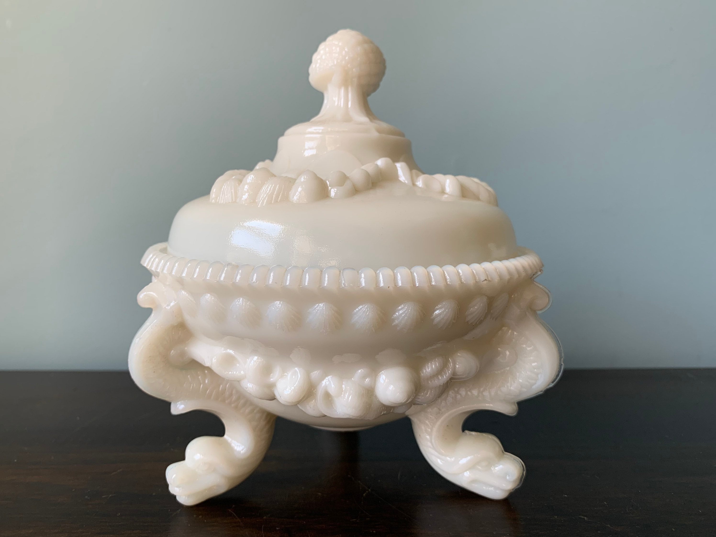 Vintage Portieux Vallerysthal Dauphins Covered Candy Dish White