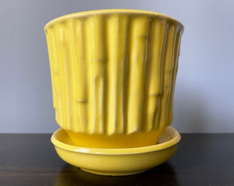 Vintage McCoy Pottery Planter Bamboo Pattern Attached Saucer Yellow 4.5" 0372