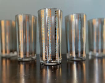 Vintage Georges Briard Highball Linometric Tumbler 22K Gold Aqua Geometric Smoke Gray Glass MCM Mid Century Set of 6