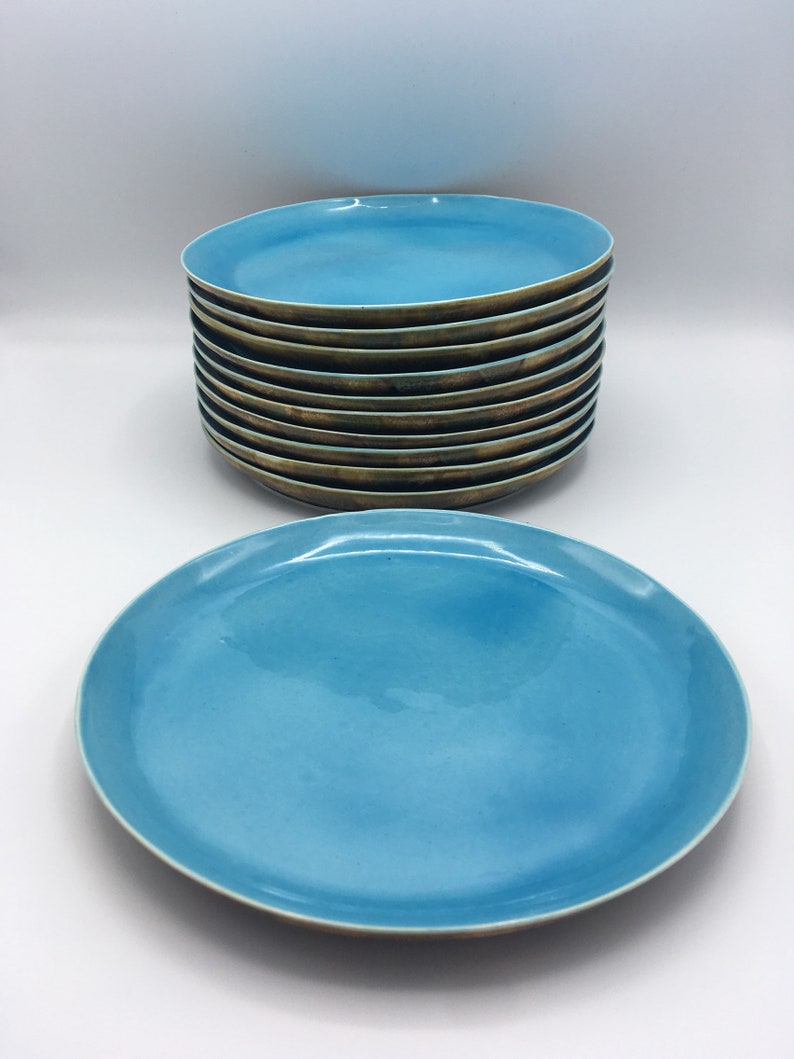 Dryden Pottery Ceramic Blue Brown Drip 10 Dinner Plate Hot Springs Arkansas