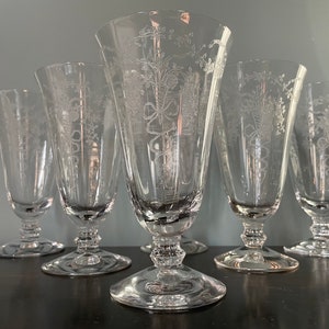 Vintage Corsage by Fostoria Iced Tea Glass Goblet Clear Optic Panel Etch Stem Set of 6
