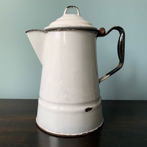 Vintage White Enamel Kettle Coffee Pot Enamelware Vase Farmhouse Cottage Kitchen