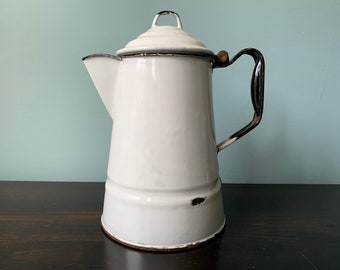 Vintage Enamel White Cobalt Trim Coffee Pot Country Cottage Décor Kitchen