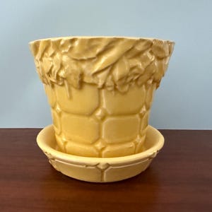 May include: A yellow ceramic flower pot with a matching saucer. The pot has a textured, basket-weave design on the body and a decorative leaf pattern around the rim. The saucer is round with a scalloped edge.