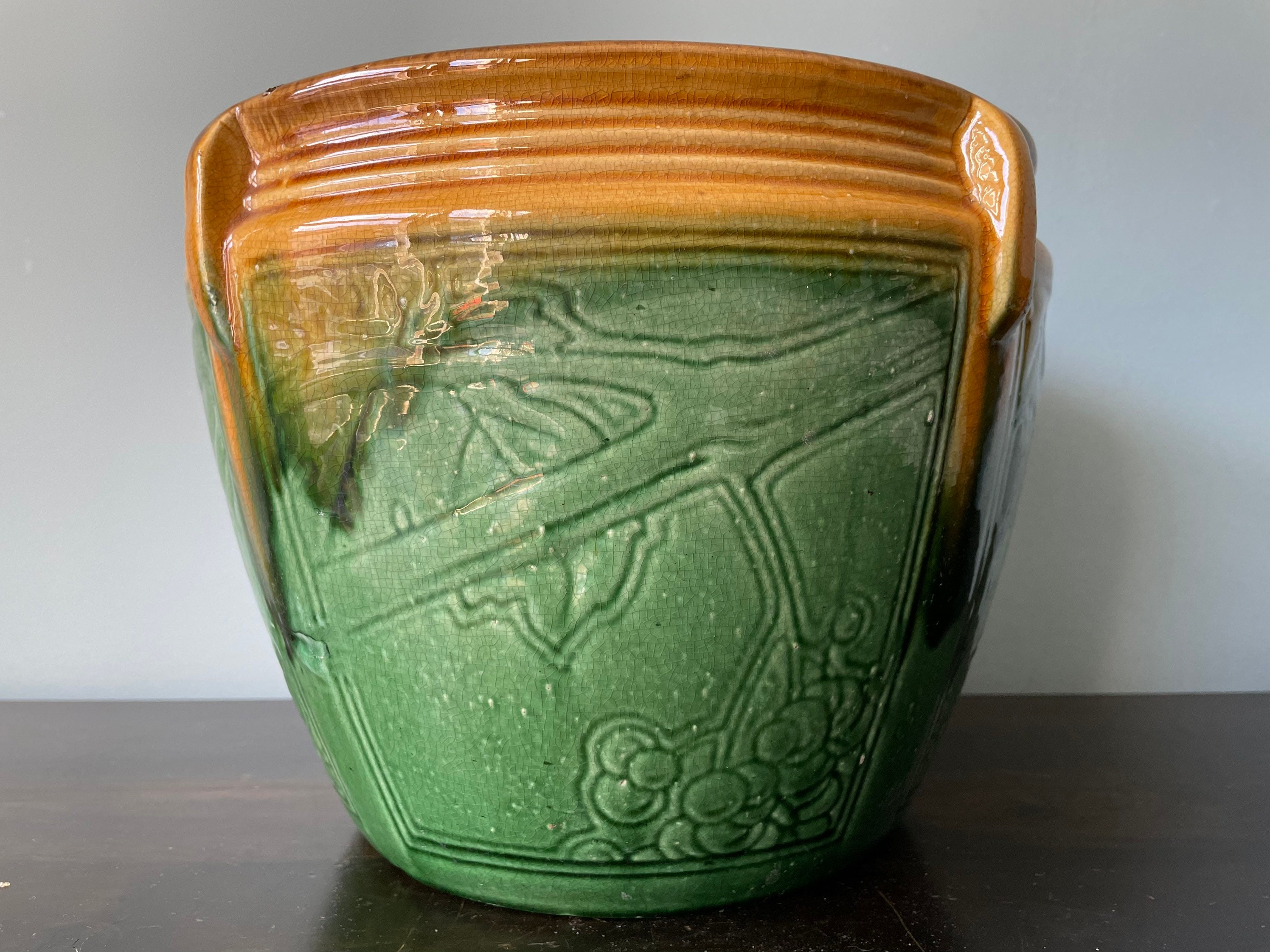 Vintage Zanesville Pottery Jardiniere Planter Round Brown Etsy