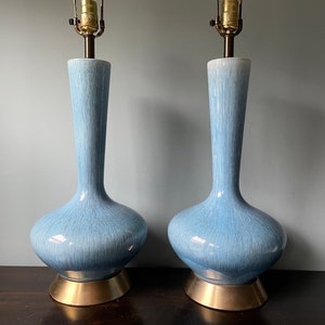 Mid Century Haeger Lamp Table Lamp Blue Glaze Fleck Ceramic Pottery Tall MCM Vintage Pair