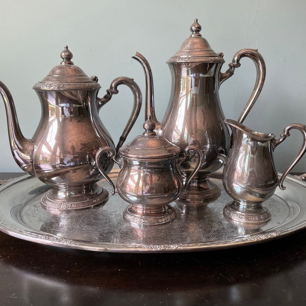 Vintage Camille Tea Set International Silver Company Coffee and Tea Set Cream Pitcher Covered Sugar Dish Oval Tray Silverplate Holloware