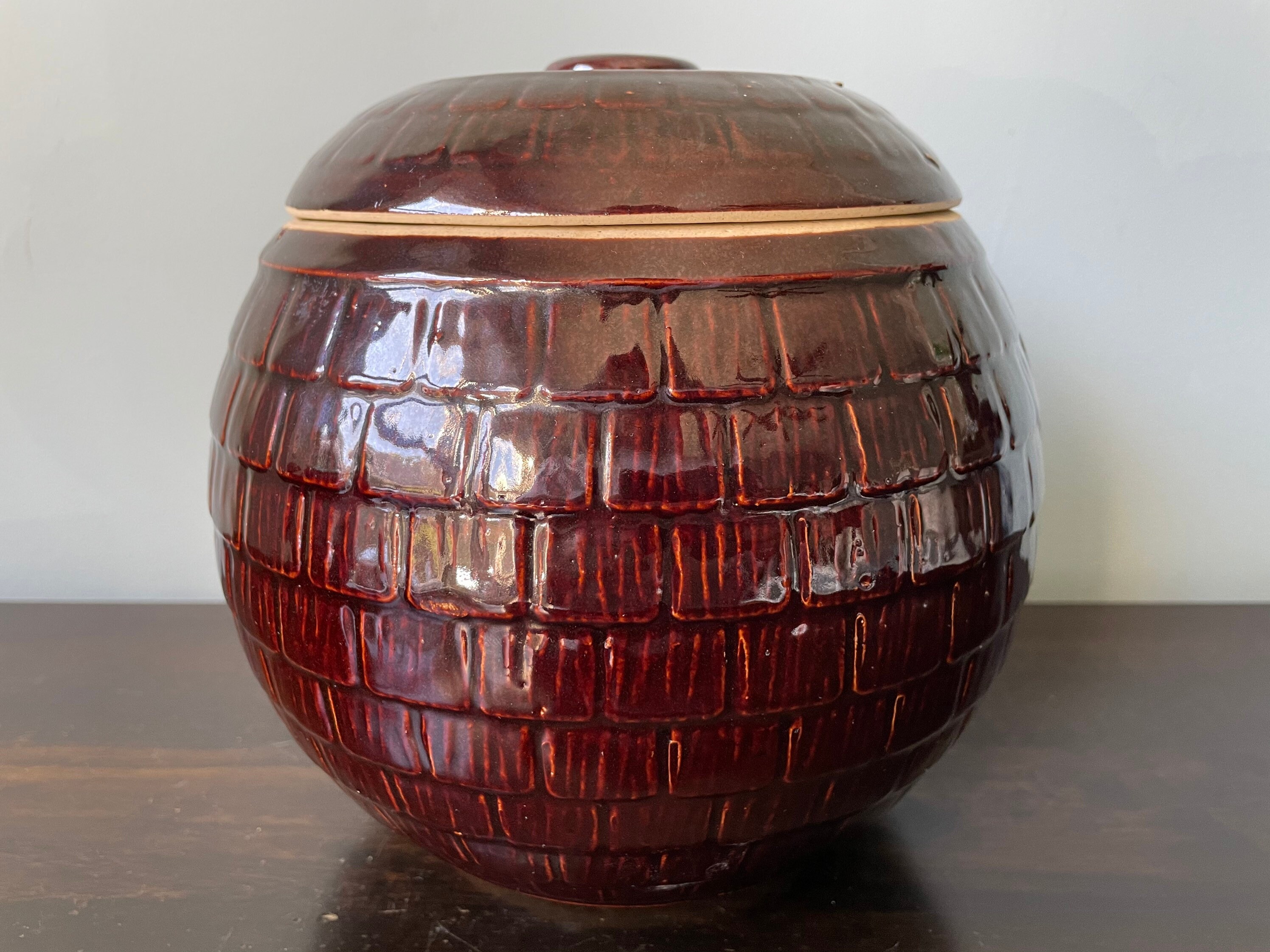 Vintage Mccoy Cookie Jar Round Shingles Brown Etsy