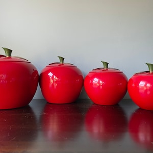 Vintage Chrom-Ever Red Apple Aluminum Canister Set Cookie Jar Metal Kitchen Mid Century MCM