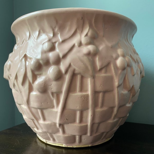 Vintage McCoy Pottery Basketweave and Berries Jardiniere Basket Berries Leaves Planter Flower Pot Pink Cache Pot