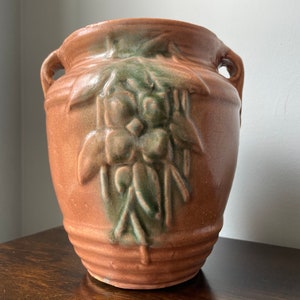 Vintage McCoy Pottery Dogwood Vase Urn Loop Handles Flower Floral Leaves