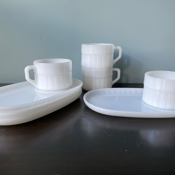 Vintage White Milk Glass Soup and Sandwich Snack Set by Federal Glass 8 Piece Set Ribbed