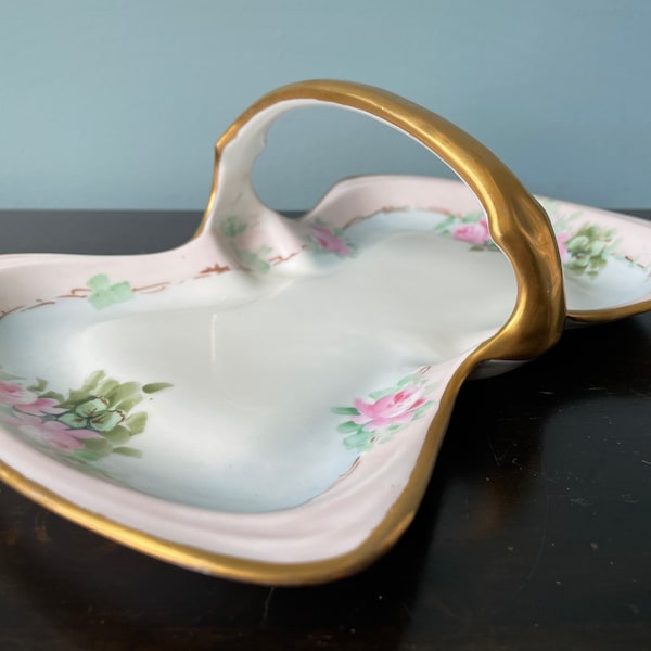 Antique Noritake Candy Dish Pink Roses Hand Painted Pink Band Gold Accents Handle Oblong Porcelain Vintage Nippon