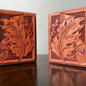 Vintage Leather Bookends Oak Leaves Acorns Tooled Leather Walnut Stainless Steel Pair