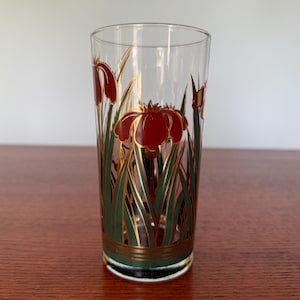 Vintage Culver Cinnabar Iris 22K Highball Glass Tumbler Gold Overlay Deep Red Green