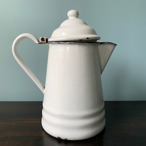 Vintage White Enamel Kettle Coffee Pot Enamelware Vase Farmhouse Cottage Kitchen