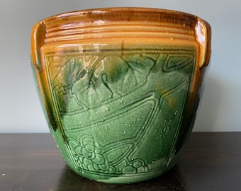 Vintage Zanesville Pottery Jardiniere Planter Round Brown Yellow Green Majolica Grapes Leaves Grapevine Large