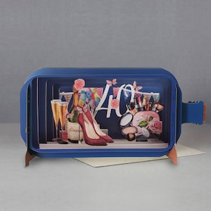 Tarjeta emergente, feliz cumpleaños, zapatos, maquillaje, 40, champán, rosa, tarjeta cortada con láser, mensaje 3D en una botella, tarjeta emergente, tarjeta 3D, tarjeta hecha a mano, 3D