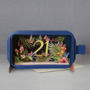 21e verjaardag, pop-upkaart, vieren, natuur, kleurrijk, vogels, lasergesneden kaart, 3D-bericht in een fles, pop-outkaart, 3D-cadeaubon, handgemaakte kaart, 3D