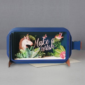 doe een wens, eenhoorn, magisch, bloemen, vogel, lasergesneden kaart, 3D-bericht in fles, pop-out kaart, 3D-cadeaubon, handgemaakte kaart, 3D, cadeaubon
