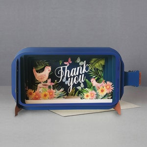 tarjeta de agradecimiento, flores, mariposa, vida silvestre, pájaro, tarjeta cortada con láser, mensaje 3d en botella, tarjeta emergente, tarjeta de regalo 3d, tarjeta hecha a mano, 3d, tarjeta de regalo