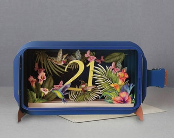 21st birthday,pop up card,celebrate,nature,colourful,birds,Laser cut card,3d message in a bottle,pop out card,3d gift card,handmade card,3d