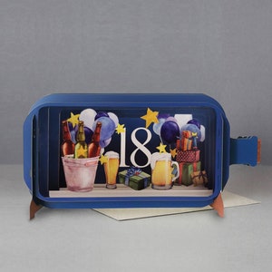 Aniversário de 18 anos, cartão pop-up, comemorar, bebidas, presentes, feliz, cartão cortado a laser, mensagem 3D em uma garrafa, cartão pop-out, vale-presente 3D, cartão feito à mão, 3D