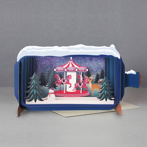 Noël, carrousel, arbres, rennes, chutes de neige, chevaux, carte découpée au laser, message 3D dans une bouteille, carte pop-out, carte-cadeau 3D, carte faite main, 3D, carte-cadeau