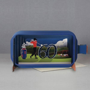 Cartão pop-up, cartão de aniversário, jogador de golfe, clubes, cena de golfe, cartão cortado a laser, mensagem 3D em uma garrafa, cartão pop-out, vale-presente 3D, cartão feito à mão, 3d, 60º