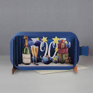 Pop-up kaart, 90e verjaardag, champagne, feestscène, cadeautjes, lasergesneden kaart, 3d bericht in een fles, sterren, 3d cadeaubon, handgemaakte kaart, 3d, leeftijd 90