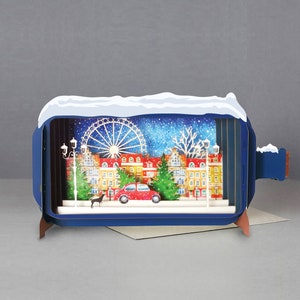 roda gigante,carro dos beatles,árvores de natal,rua,cartão cortado a laser,mensagem 3d em garrafa,cartão pop out,cartão presente 3d,cartão feito à mão,3d,cartão presente