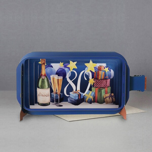 Pop Up Karte,80er Geburtstag,Champagner, Party Szene, Geschenke, Laser geschnitten Karte, 3D Flaschenpost,3D Geschenkkarte,handgemachte Karte,3D Karte