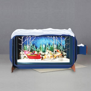 Kerstmis, slee en rendieren, kerstman, lasergesneden kaart, 3d bericht in fles, pop-out kaart, 3d cadeaubon, handgemaakte kaart, 3d, cadeaubon