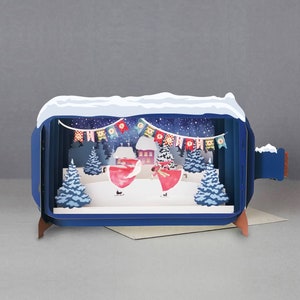 kerstman, schaatsen, sneeuw, banner, rendieren, lasergesneden kaart, 3d bericht in fles, pop-out kaart, 3d cadeaubon, handgemaakte kaart, 3d, cadeaubon
