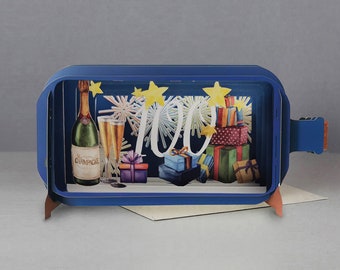Tarjeta emergente, 100 cumpleaños, fuegos artificiales, tarjeta de 100 años, tarjeta cortada con láser, mensaje 3d en una botella, tarjeta emergente, tarjeta de regalo 3d, tarjeta hecha a mano, 3d, celebrar