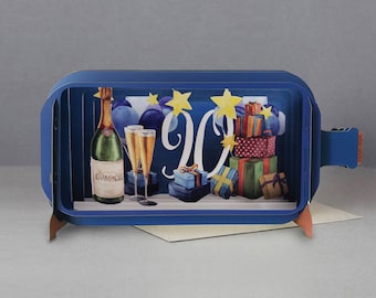 Pop up card,90th birthday,champagne,party scene,presents,Laser cut card,3d message in a bottle,stars,3d gift card,handmade card,3d,age 90